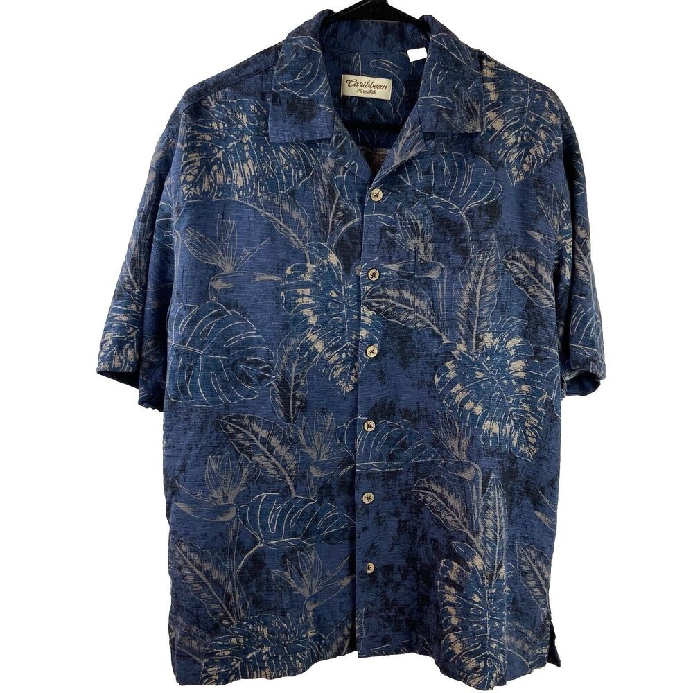 Caribbean Pure Silk Men's Hawaiian Palm Leaves Button Down Short Sleeve Large